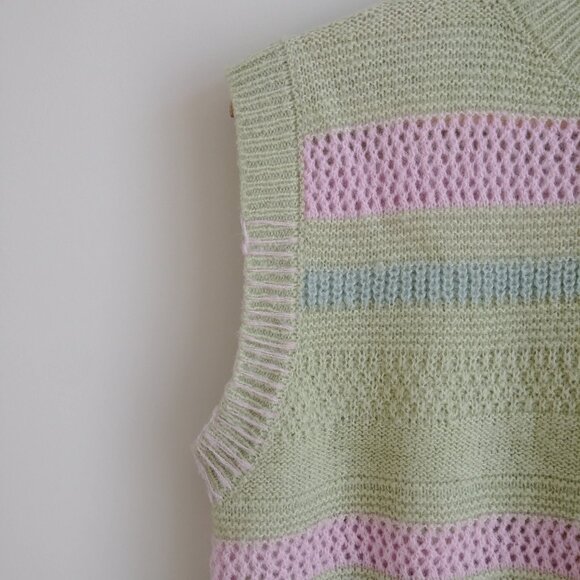 Pastel Striped Knit Sleeveless Sweater Vest - Green & Pink - Picture 4 of 16
